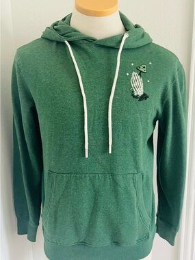 Green Men's Hooded Sweatshirt with Praying Hands Graphic